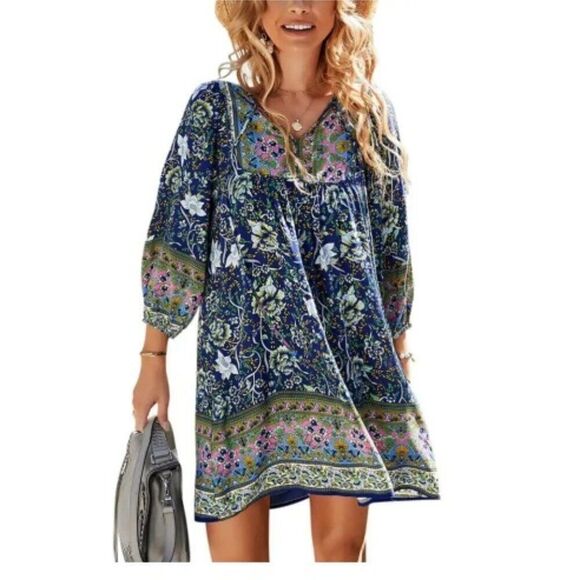 TEMOFON Women's Floral Paisley Boho Mini Swing Dress Blue Size Medium - Picture 1 of 8